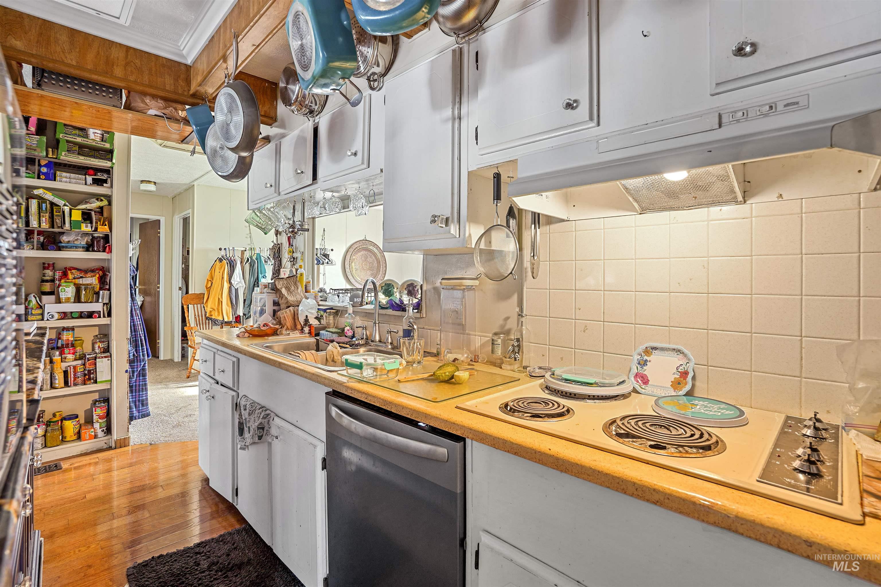 1176 East 600 North Rupert, ID 83350 - Photo 3 of 19 Kitchen with white cabinetry, appliances with stainless steel finishes, under cabinet range hood, light countertops, and light wood finished floors