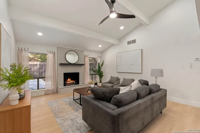 a living room with furniture a fireplace and a potted plant