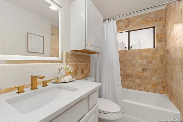 a bathroom with a sink toilet vanity and shower