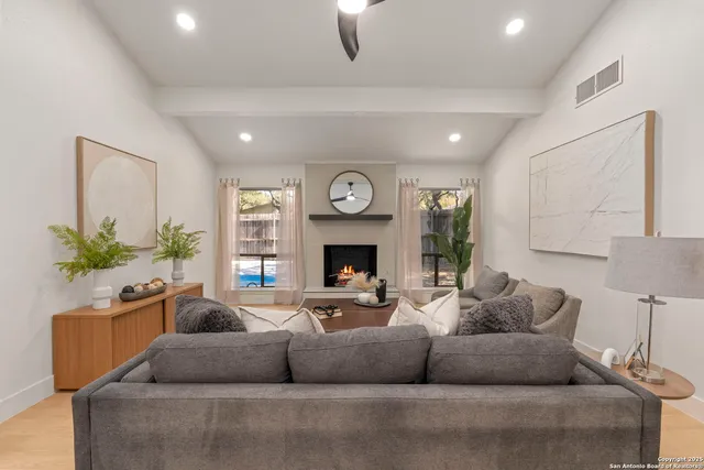 a living room with furniture a fireplace and a potted plant