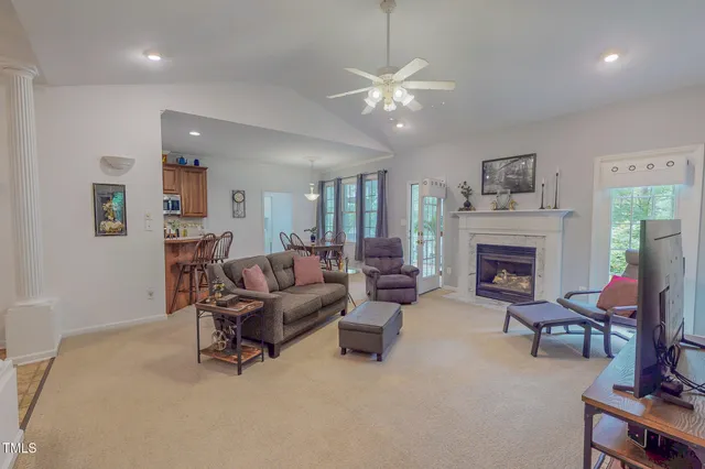 a living room with furniture and a fireplace