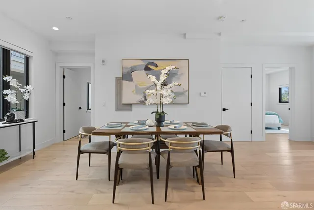 a view of a dining room with furniture