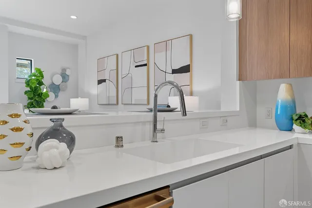 a kitchen with a sink and a potted plant