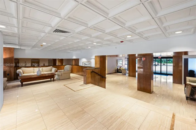 a lobby with furniture