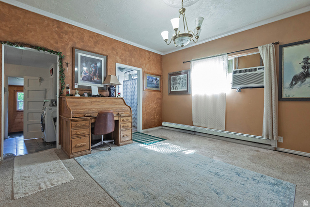 178 17th Street Ogden, UT 84404 - Photo 11 of 29 Spacious room featuring textured walls, crown molding, a ceiling-mounted chandelier, and a window with a built-in air conditioning unit