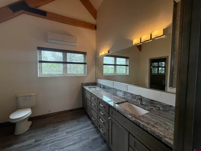 a bathroom with a granite countertop toilet a sink and a large mirror