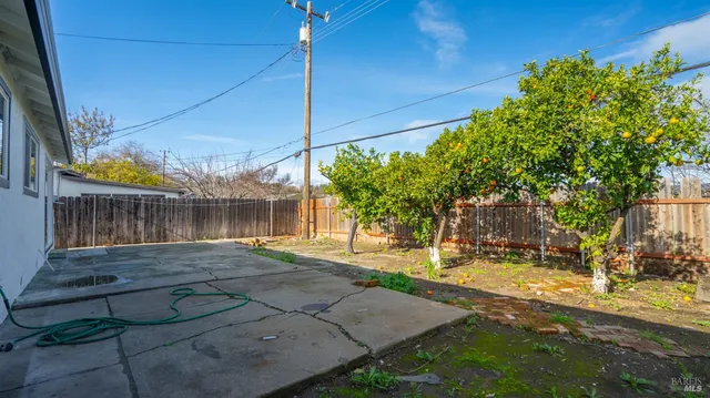 a view of a house with backyard and a tree