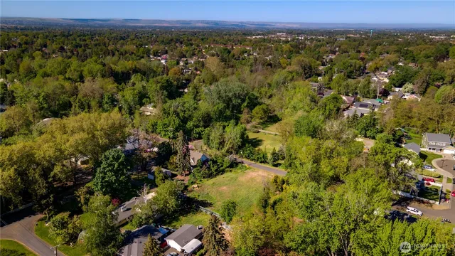 an aerial view of residential houses with outdoor space and trees