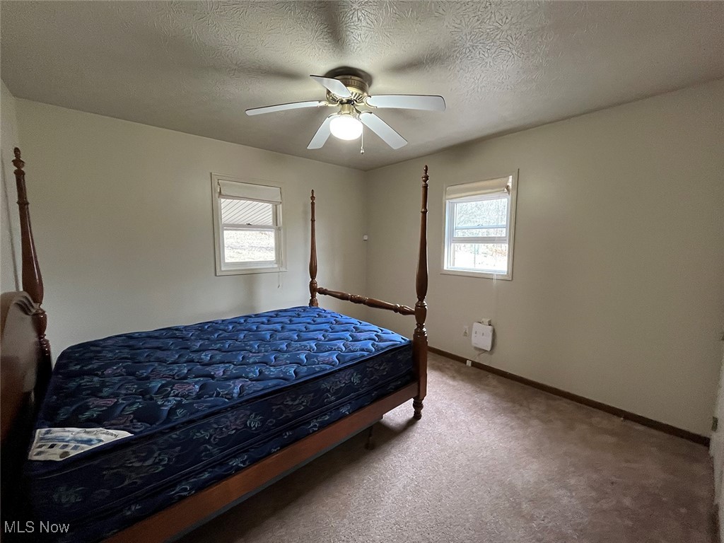5295 Deer Road Southwest Bowerston, OH 44695 - Photo 18 of 39 Bedroom with light carpet, ceiling fan, a textured ceiling, and baseboards