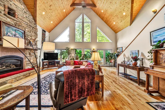 a view of a living room with furniture fireplace and garden view
