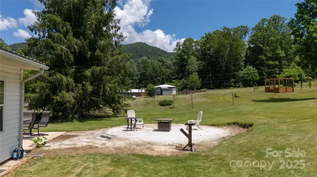 a view of a park with large trees