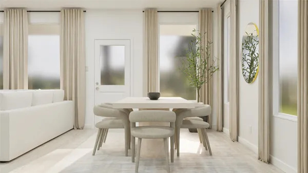 a dining room with furniture and a mirror