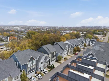 an aerial view of a lake with balcony