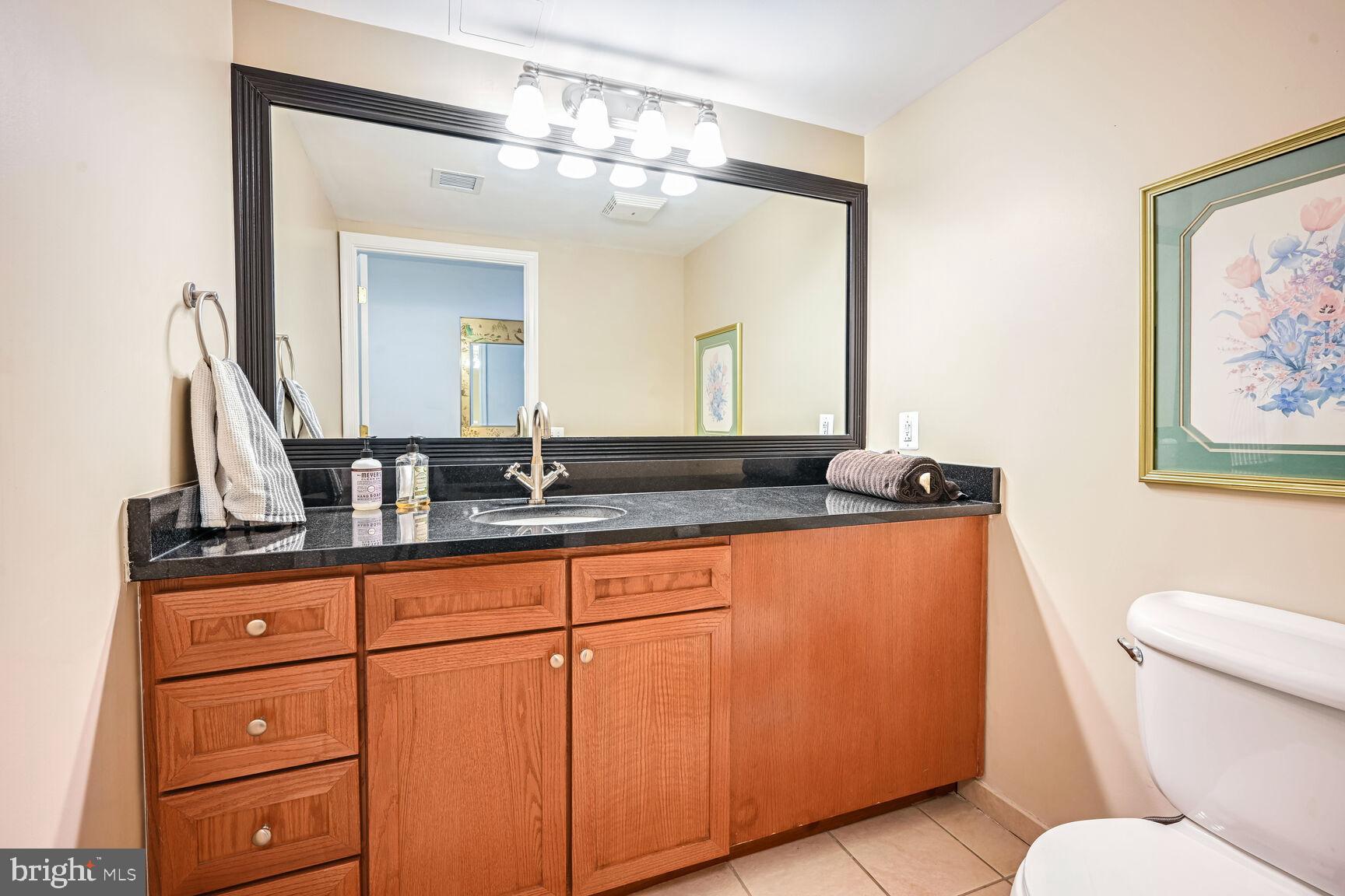 616 E Street Northwest, Unit 1150 Washington, DC 20004 - Photo 19 of 75 a bathroom with a granite countertop sink mirror vanity and toilet