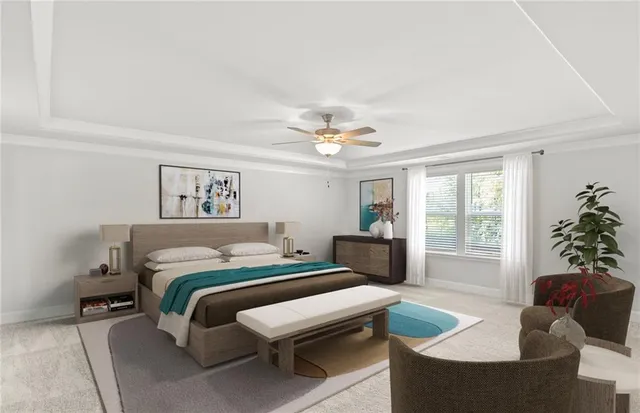 a bedroom with a bed and a couch