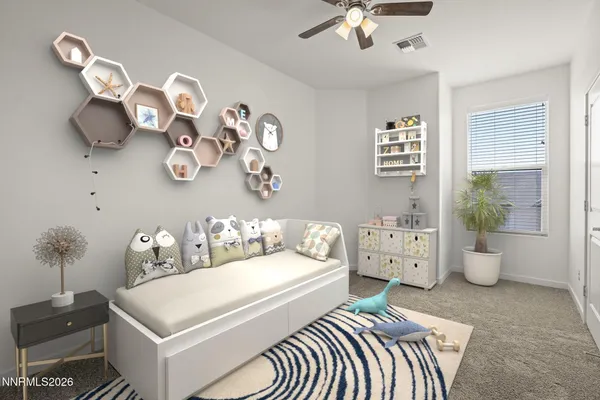 a spacious bedroom with a bed and a chandelier