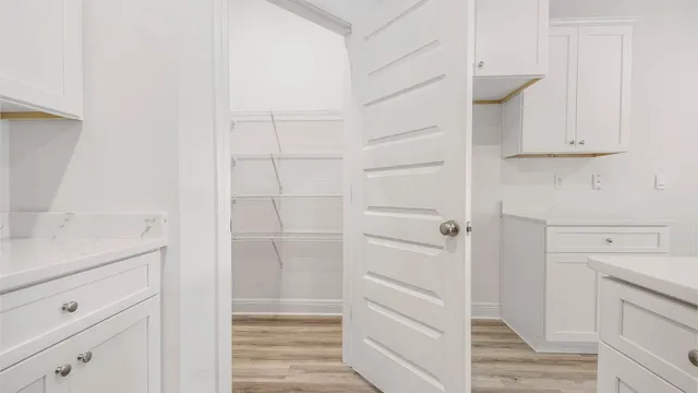 a view of walk in closet with white cabinet and door