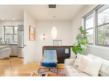 a living room with furniture and a potted plant