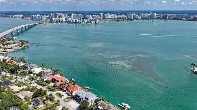 an aerial view of residential houses with outdoor space and lake view