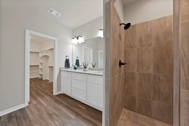 a bathroom with a shower a sink and a mirror