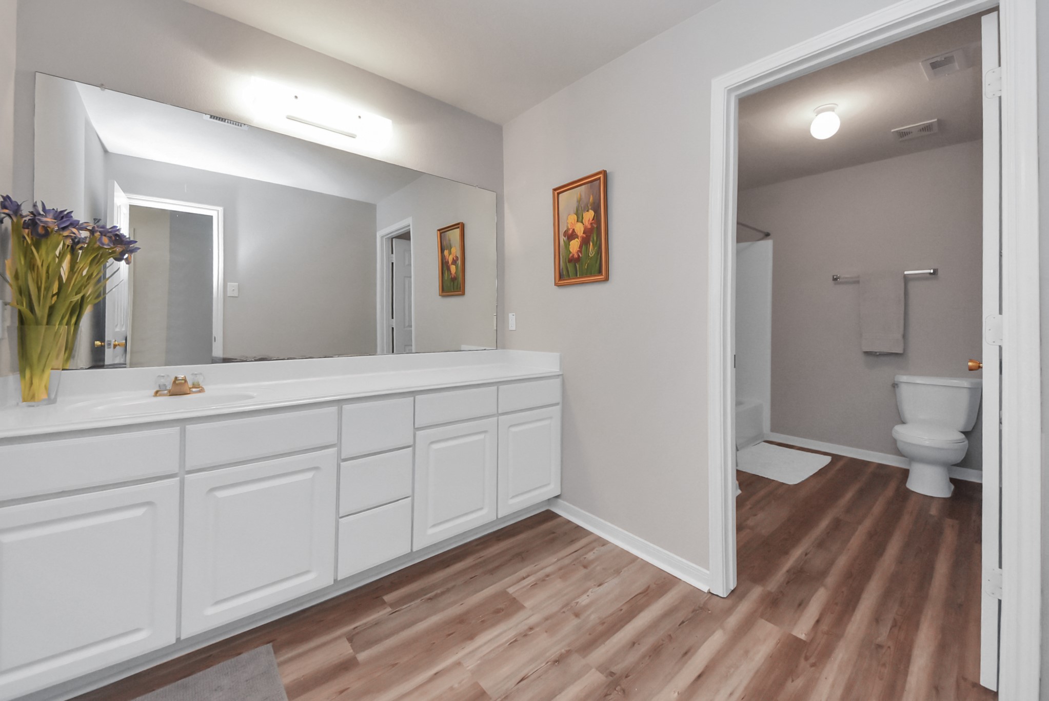 16820 Infield Court Conroe, TX 77385 - Photo 35 of 44 a spacious bathroom with a granite countertop sink toilet and a large mirror
