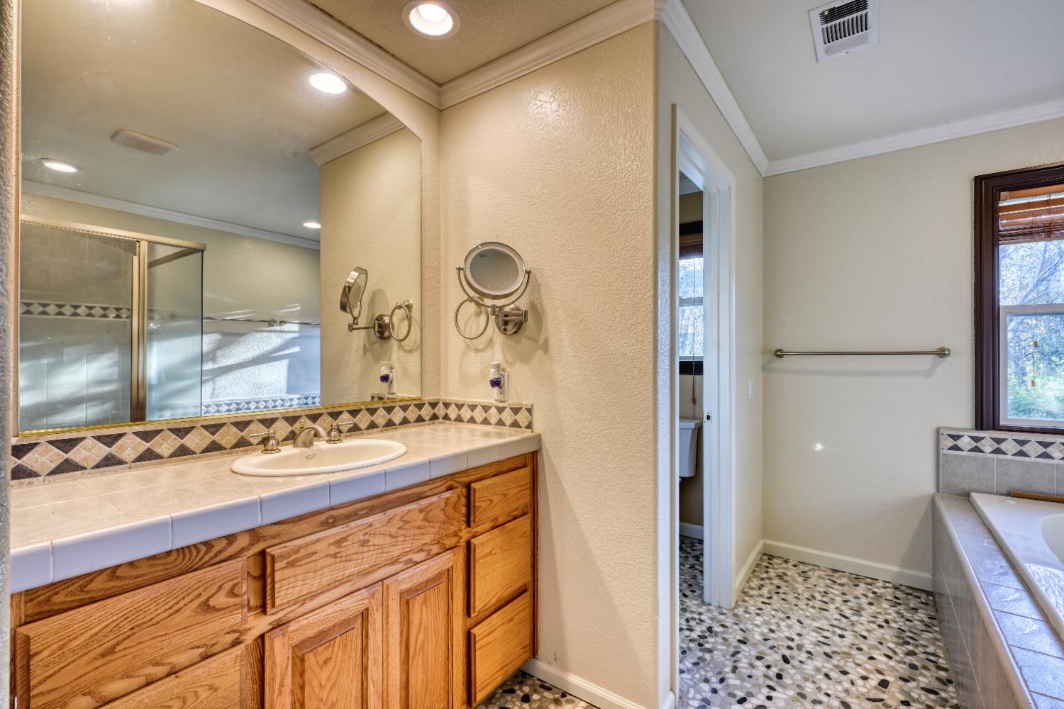 4841 Val Verde Road Loomis, CA 95650 - Photo 21 of 99 a bathroom with a sink a mirror and a shower