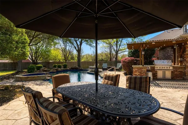 a view of swimming pool with outdoor seating and trees