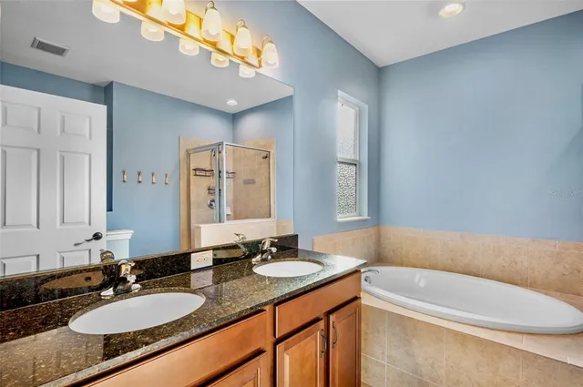 a bathroom with a granite countertop sink and a mirror