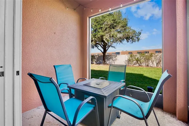a view of a chairs and table in patio