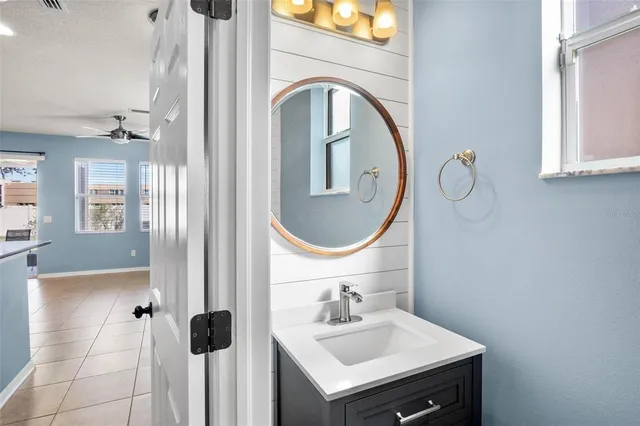 a bathroom with a sink and a mirror