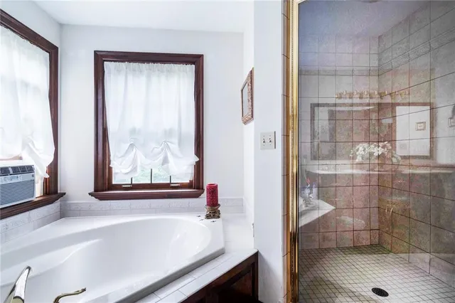 a bathroom with a bathtub and shower
