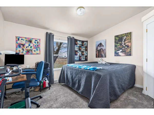 a bedroom with a bed a computer on a desk and a book shelf