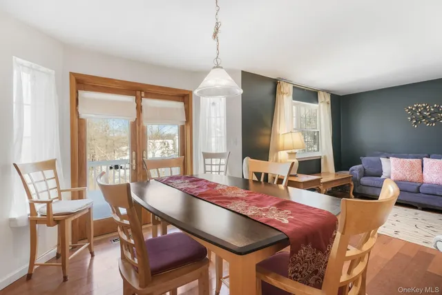 a view of a dining room with furniture
