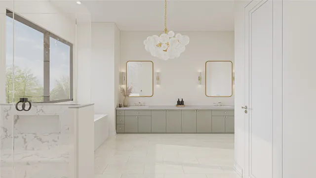 a bathroom with double vanity sink and mirror