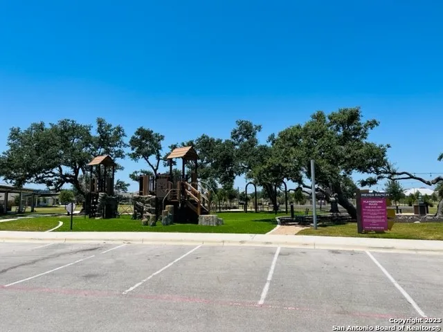 a view of a park with large trees