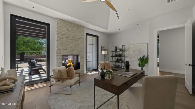 a room with window and mirror