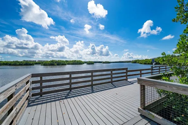 a view of a balcony with wooden floor