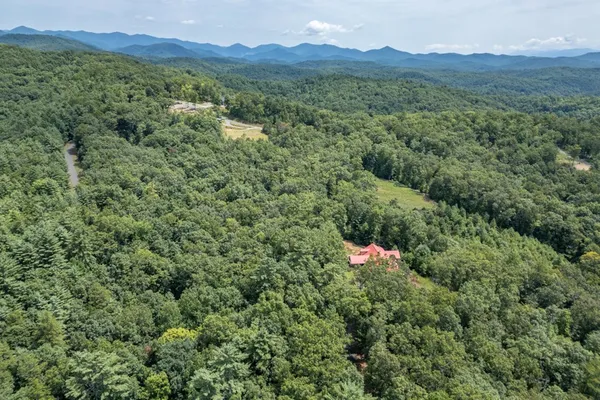 an aerial view of residential house with outdoor space and trees all around