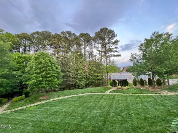 a view of a garden with a bench in the garden