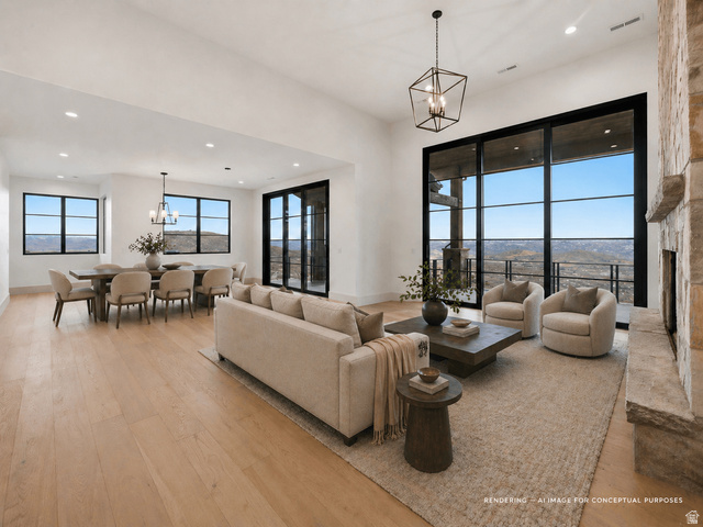 2155 East Wrangler Road Kamas, UT 84036 - Photo 6 of 62 Living room featuring suspended lighting and light wood-style floors