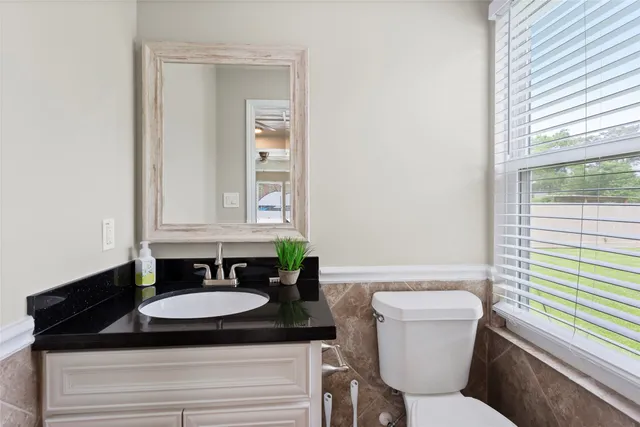 a bathroom with a granite countertop sink and a mirror