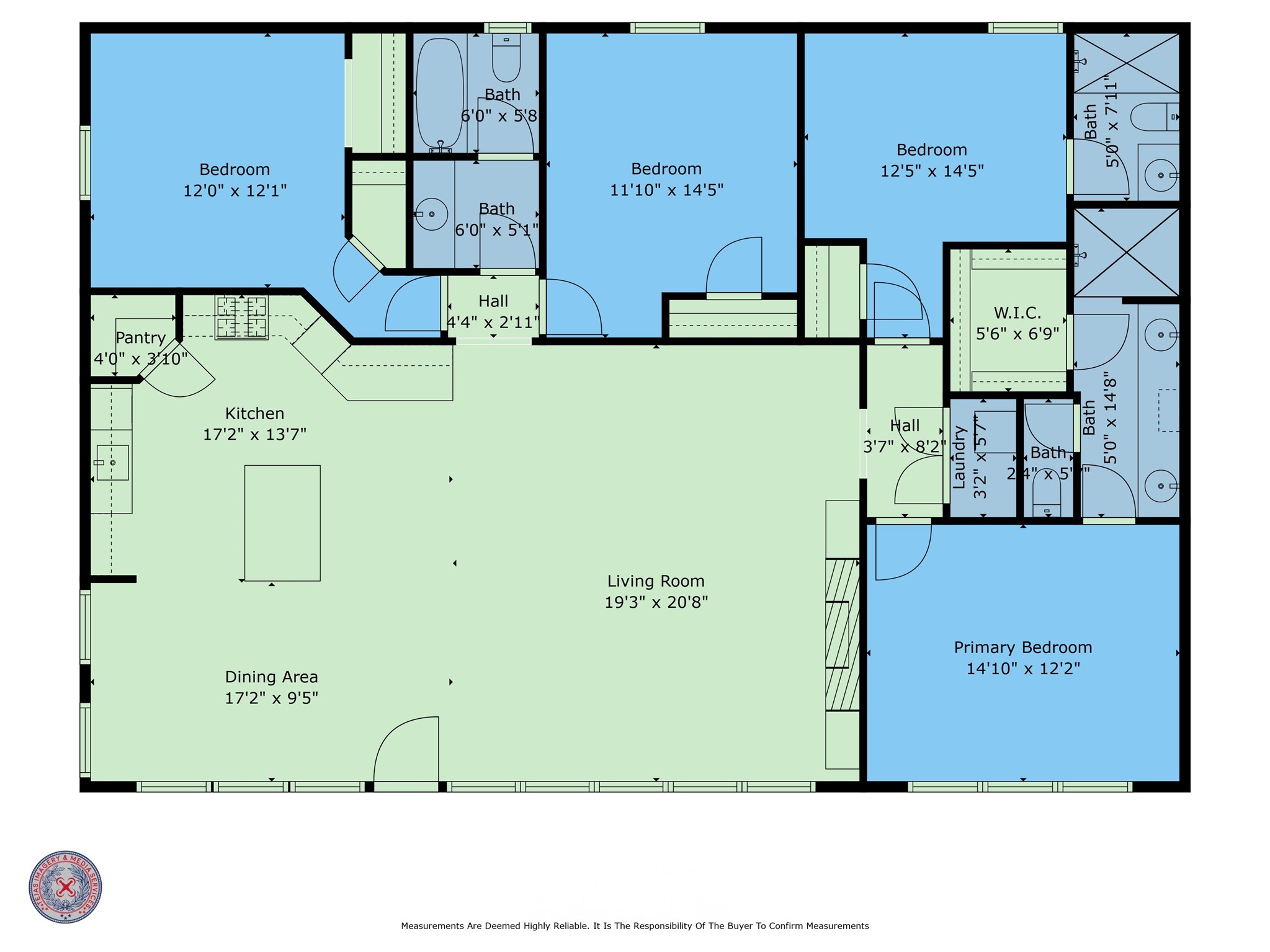 610 South Shady Lane La Porte, TX 77571 - Photo 49 of 50 This floor plan features a spacious open-concept living and dining area, a large kitchen with an island, and a pantry. There are three bedrooms, including a primary suite with a walk-in closet and en-suite bath. The layout includes three bathrooms, a laundry area, and ample storage space.