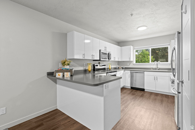 64 West 600 South, Unit C205 Springville, UT 84663 - Photo 10 of 28 Kitchen with a peninsula, a textured ceiling, stainless steel appliances, white cabinets, and light wood-style floors