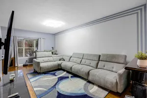 a living room with furniture a rug and a window