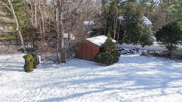 a view of a yard with snow on the road