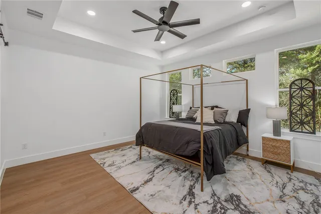 a view of a forest with trees in the background