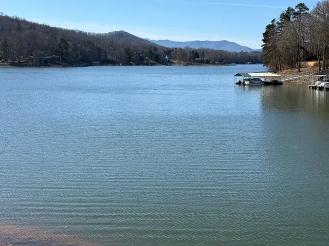 a view of a lake with mountains in the background