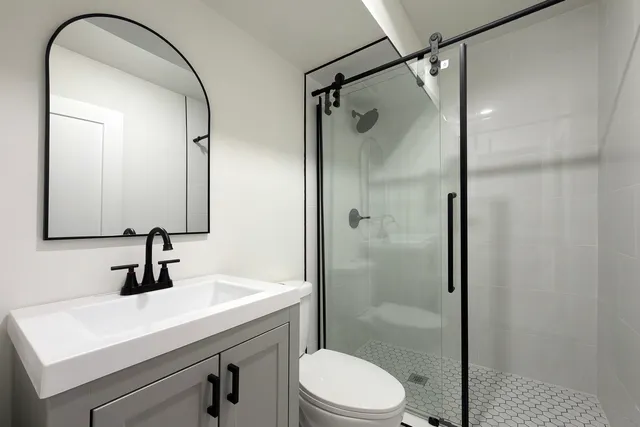 a bathroom with a sink a mirror a toilet and shower