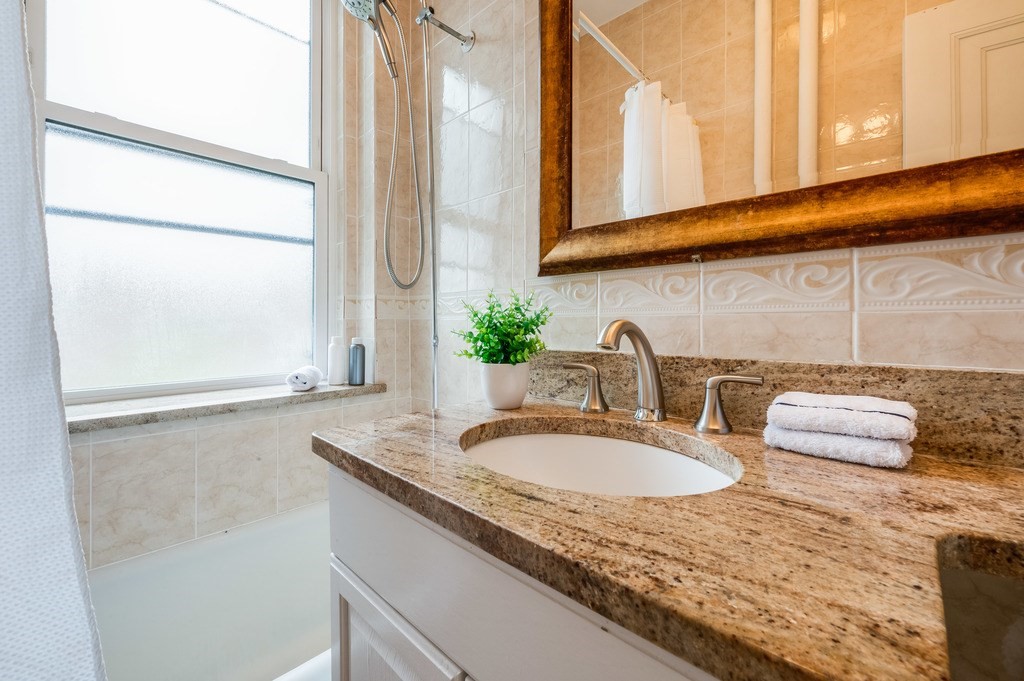 3 Crawford Street, Unit 9 Cambridge, MA 02139 - Photo 19 of 23 a bathroom with a granite countertop sink and a mirror
