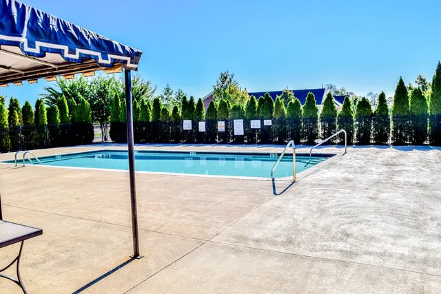 a view of a swimming pool with a patio and a yard
